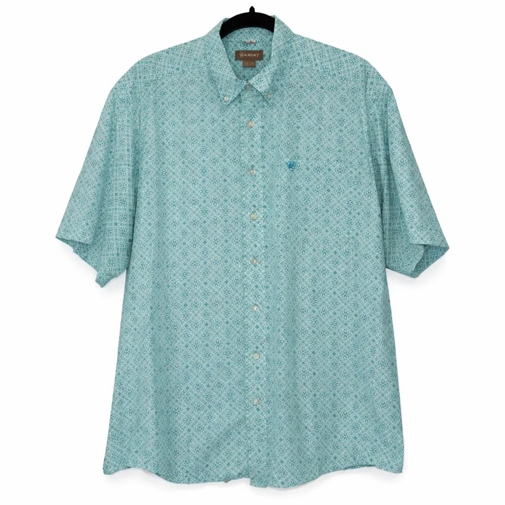 Ariat Mens XXL Turquoise White Geometric Medallion Cotton Short Sleeve Shirt - Picture 2 of 10